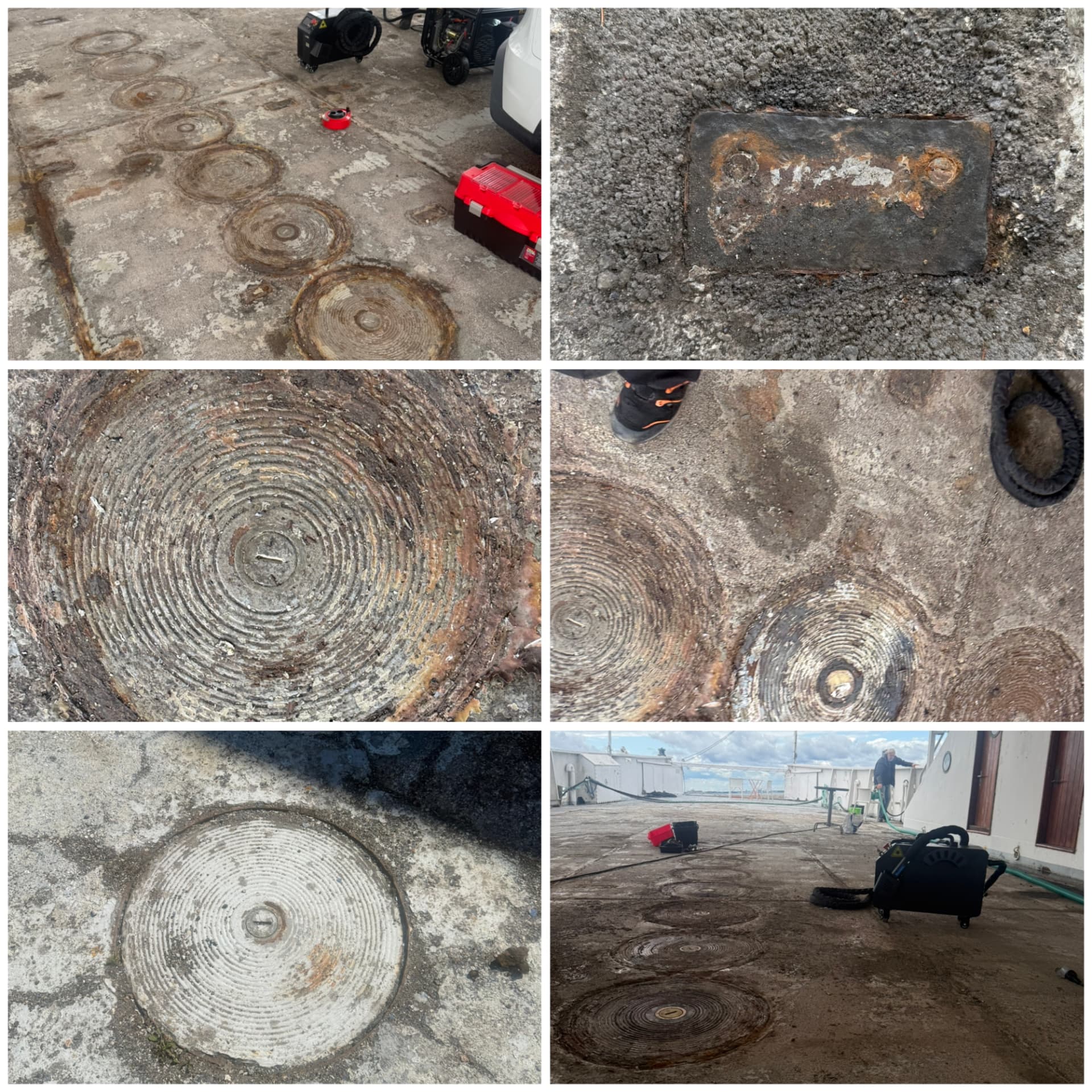 Kollage med rostiga däcksluckor på färjan Kalmarsund 8 före laserrengöring
